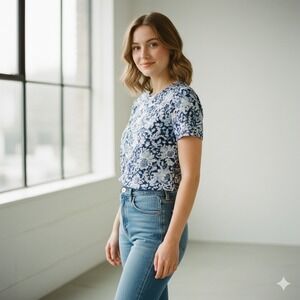 LOFT Women's Navy Blue Floral Print Short Sleeve T-Shirt Top - Size XS